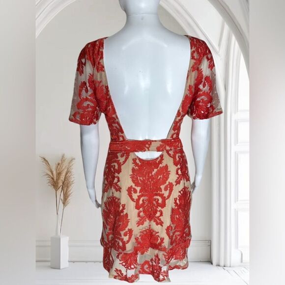 FOR LOVE AND LEMONS San Marcos Backless Mini Dress Red Lace Nude Mesh - Picture 3 of 8